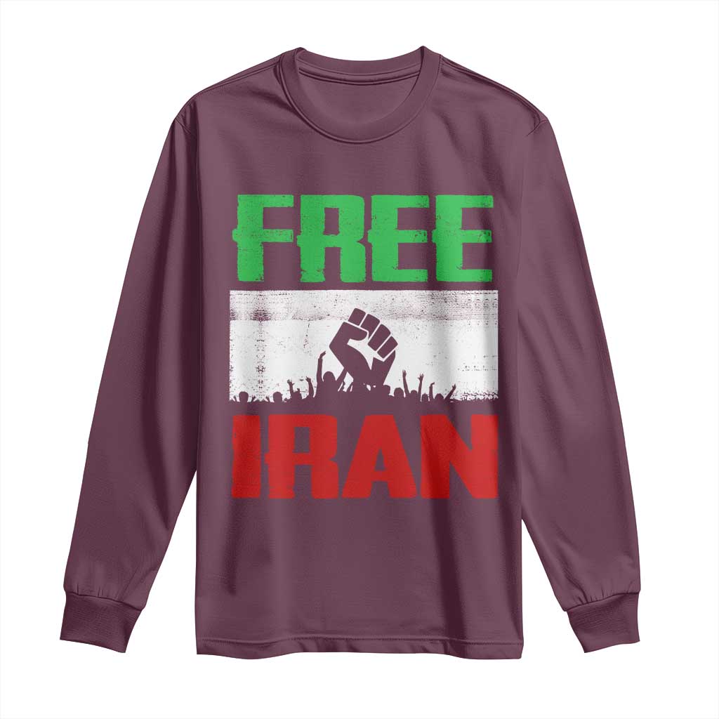 Free Iran Freedom Protest Long Sleeve Shirt Iranian Flag Raised Fist and Crowd Revolution TS02 Maroon Print Your Wear