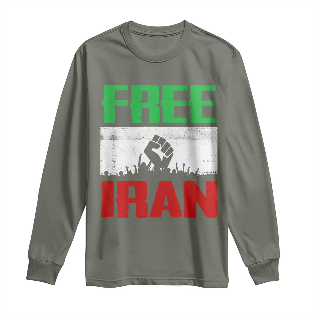 Free Iran Freedom Protest Long Sleeve Shirt Iranian Flag Raised Fist and Crowd Revolution TS02 Military Green Print Your Wear