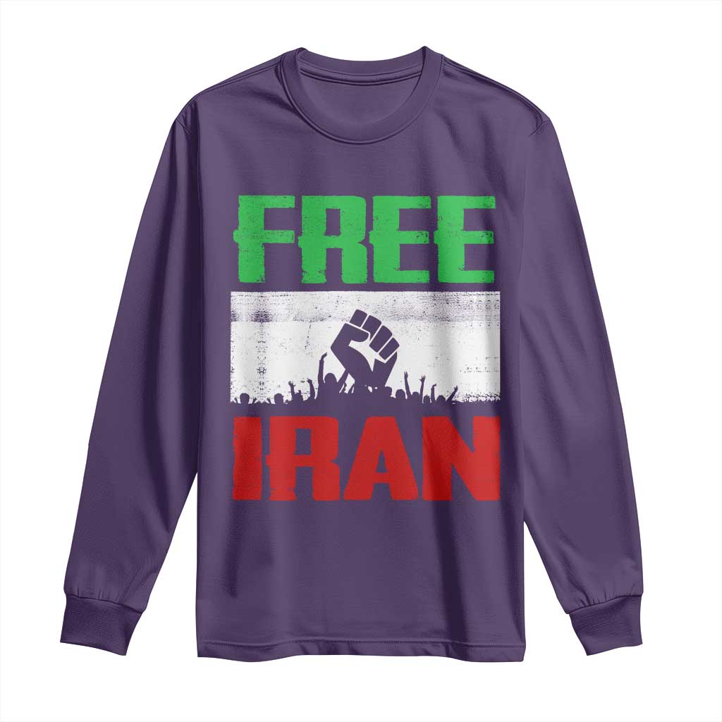 Free Iran Freedom Protest Long Sleeve Shirt Iranian Flag Raised Fist and Crowd Revolution TS02 Purple Print Your Wear