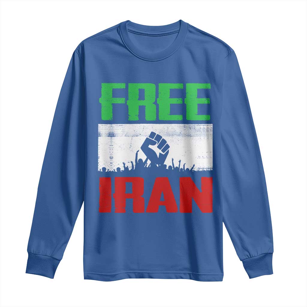 Free Iran Freedom Protest Long Sleeve Shirt Iranian Flag Raised Fist and Crowd Revolution TS02 Royal Blue Print Your Wear