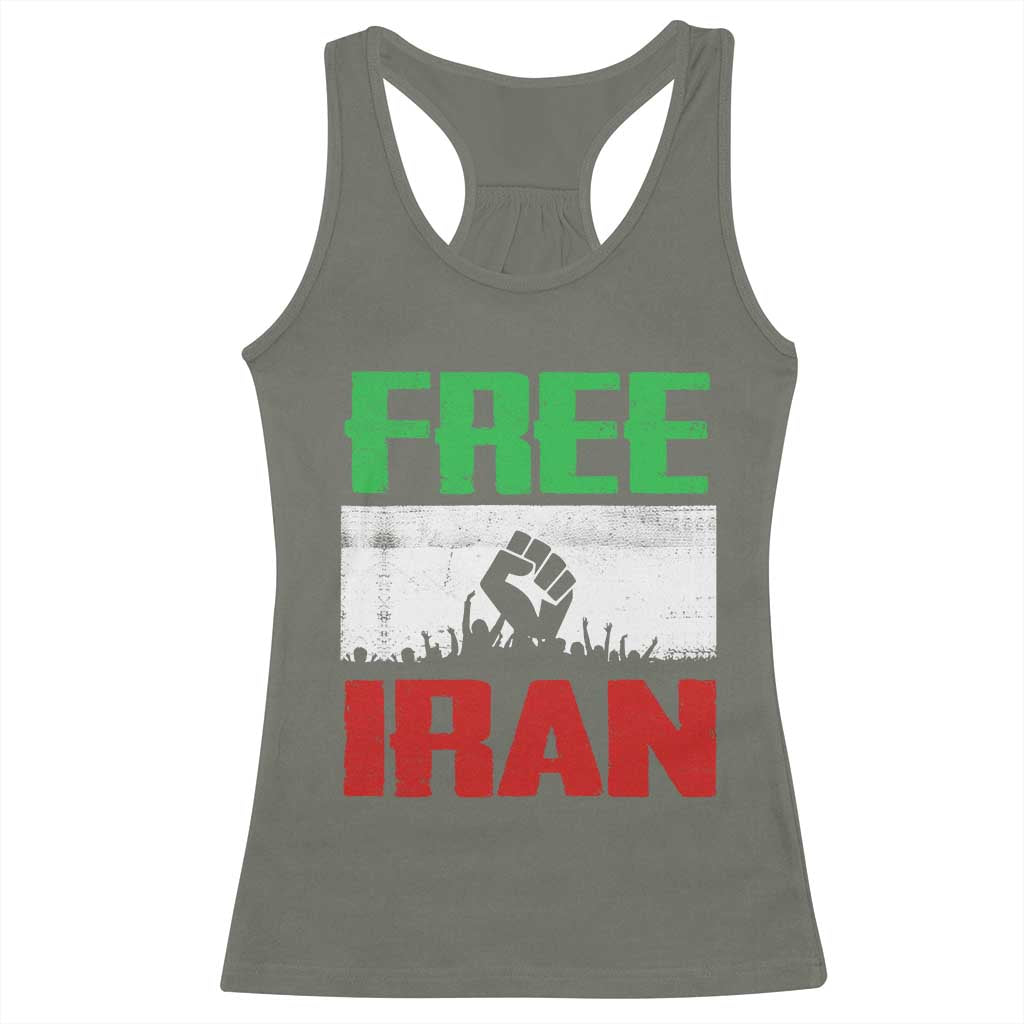 Free Iran Freedom Protest Racerback Tank Top Iranian Flag Raised Fist and Crowd Revolution TS02 Military Green Print Your Wear