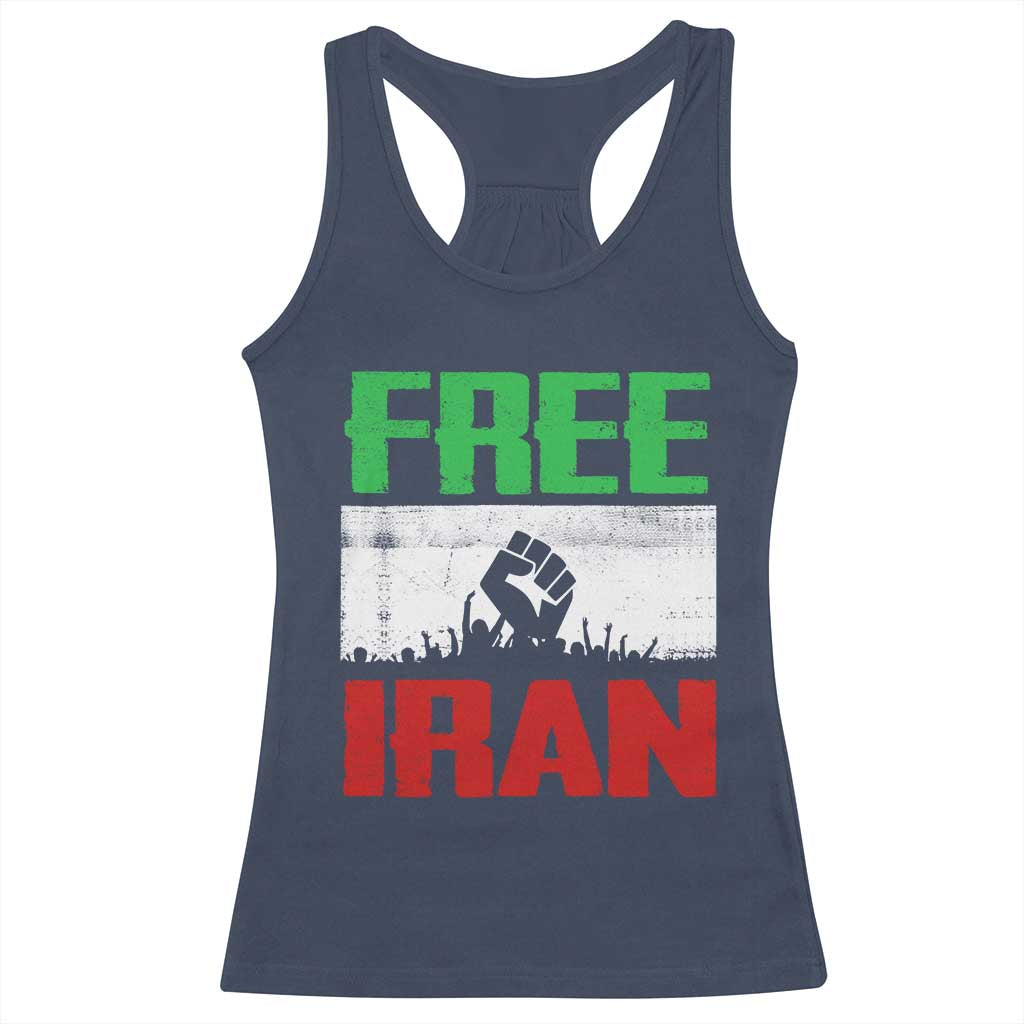 Free Iran Freedom Protest Racerback Tank Top Iranian Flag Raised Fist and Crowd Revolution TS02 Navy Print Your Wear