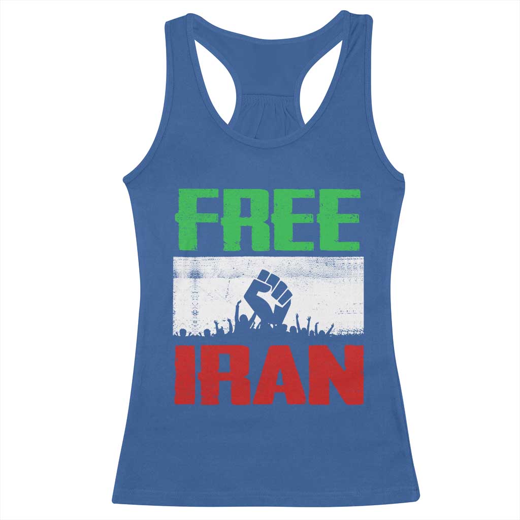 Free Iran Freedom Protest Racerback Tank Top Iranian Flag Raised Fist and Crowd Revolution TS02 Royal Blue Print Your Wear