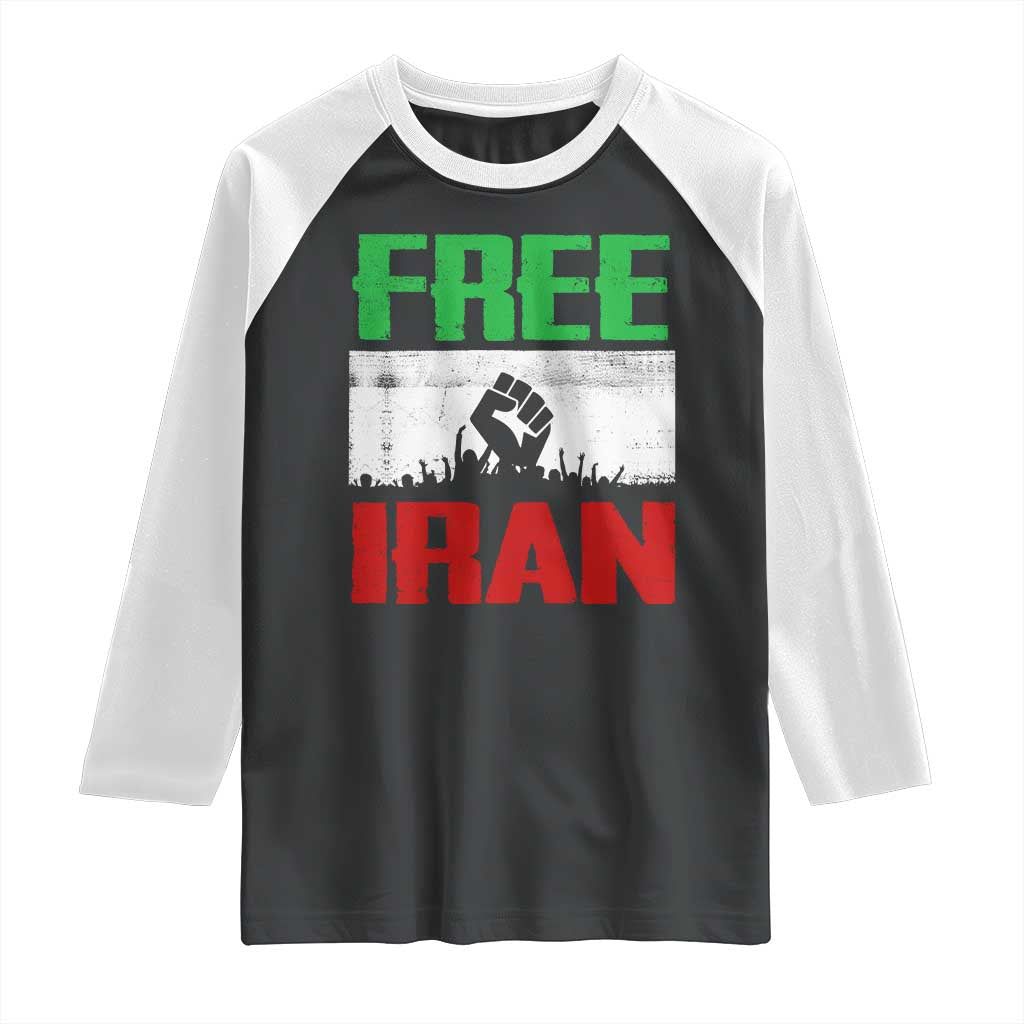 Free Iran Freedom Protest Raglan Shirt Iranian Flag Raised Fist and Crowd Revolution TS02 Black White Print Your Wear