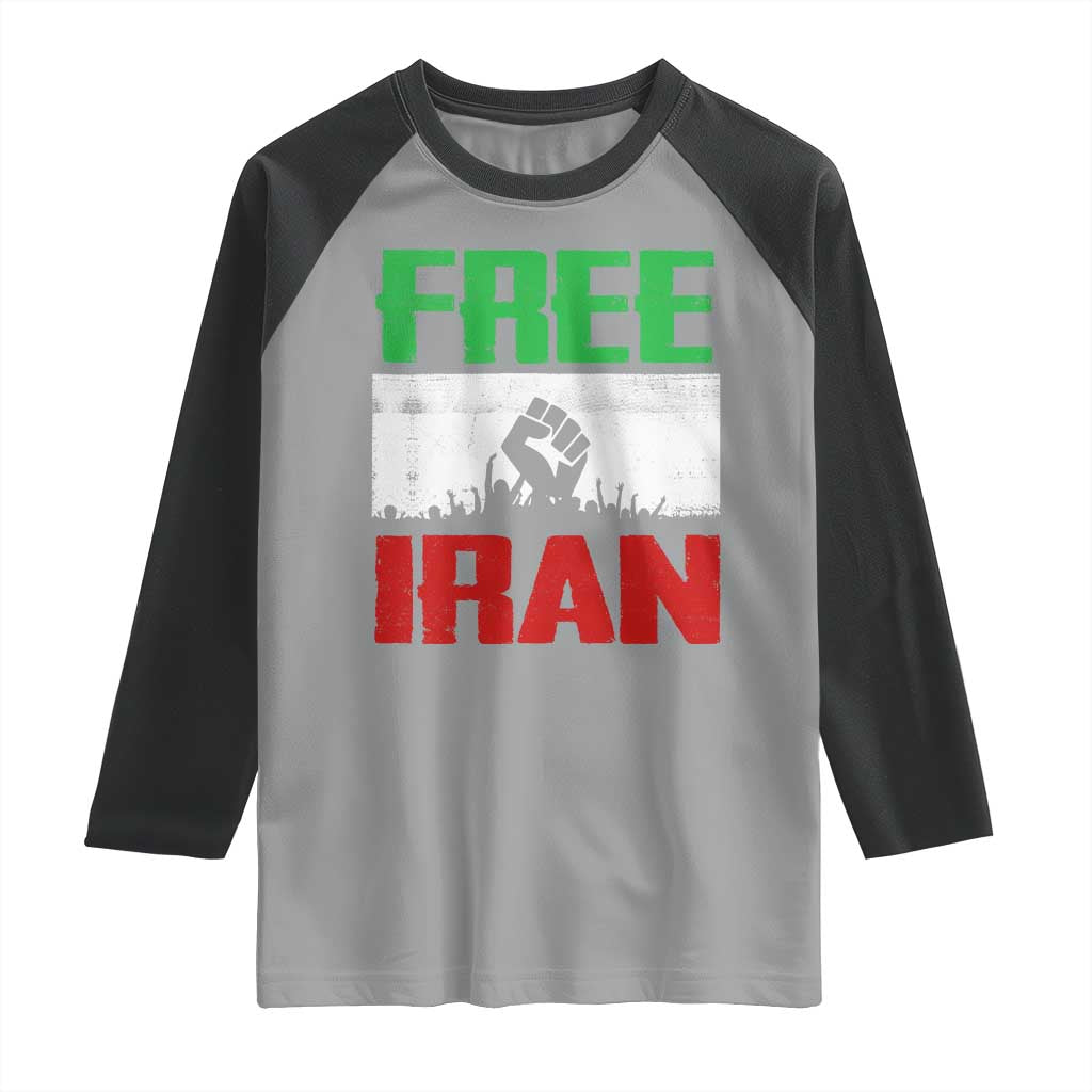 Free Iran Freedom Protest Raglan Shirt Iranian Flag Raised Fist and Crowd Revolution TS02 Sport Gray Black Print Your Wear