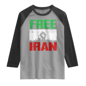 Free Iran Freedom Protest Raglan Shirt Iranian Flag Raised Fist and Crowd Revolution TS02 Sport Gray Black Print Your Wear