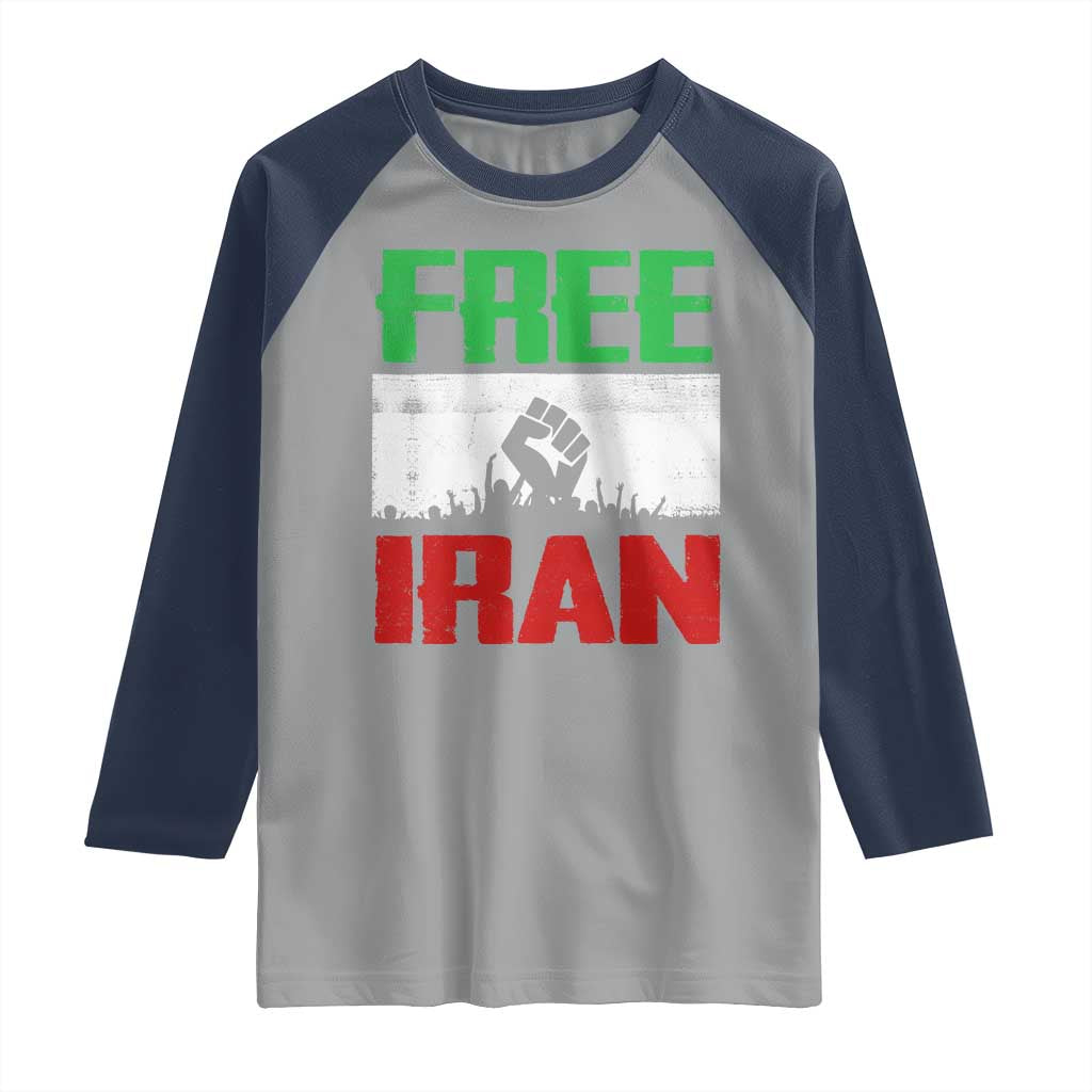 Free Iran Freedom Protest Raglan Shirt Iranian Flag Raised Fist and Crowd Revolution TS02 Sport Gray Navy Print Your Wear