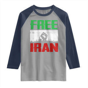 Free Iran Freedom Protest Raglan Shirt Iranian Flag Raised Fist and Crowd Revolution TS02 Sport Gray Navy Print Your Wear