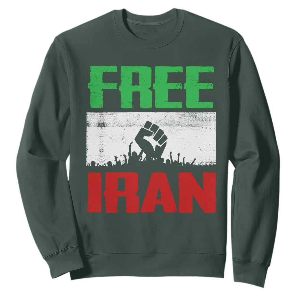 Free Iran Freedom Protest Sweatshirt Iranian Flag Raised Fist and Crowd Revolution TS02 Dark Forest Green Print Your Wear