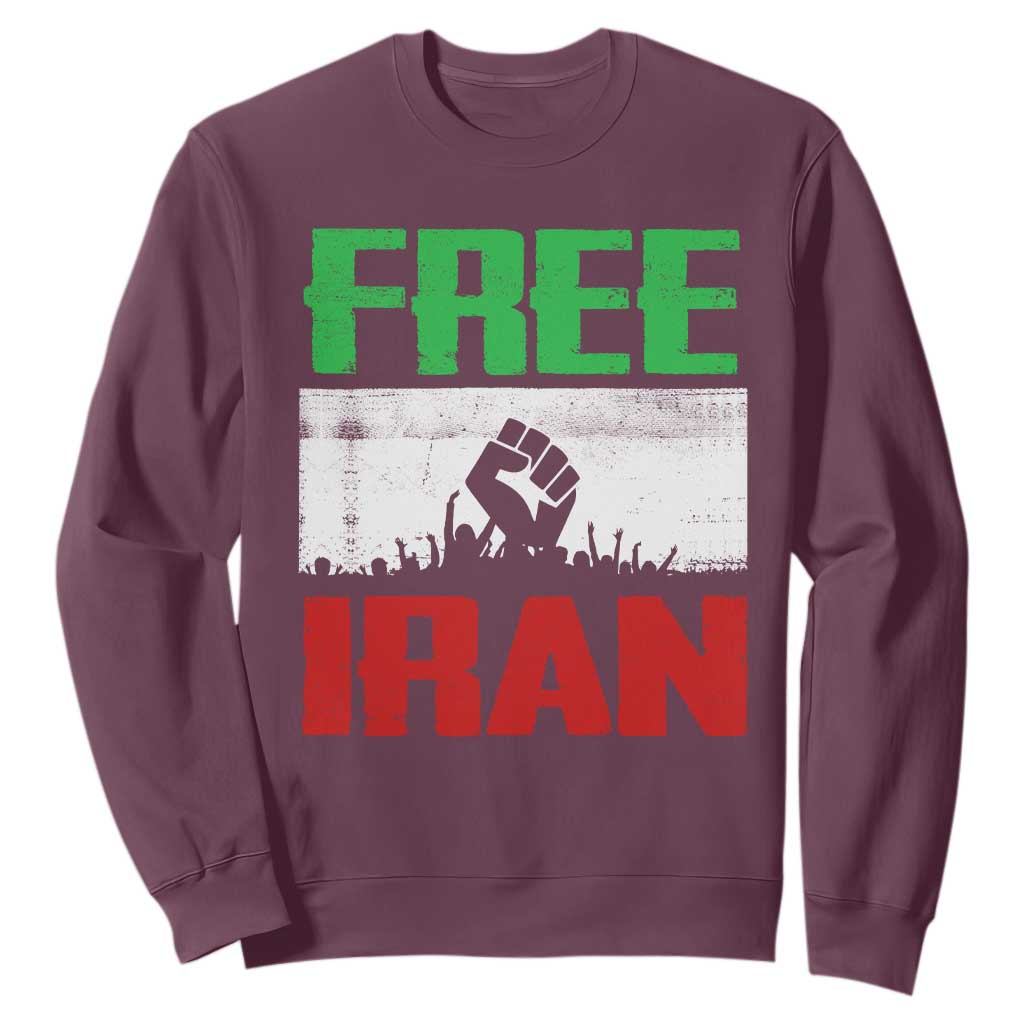 Free Iran Freedom Protest Sweatshirt Iranian Flag Raised Fist and Crowd Revolution TS02 Maroon Print Your Wear