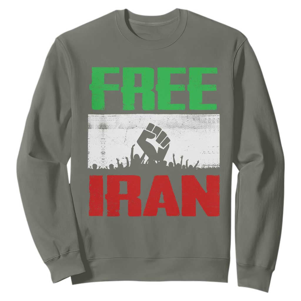 Free Iran Freedom Protest Sweatshirt Iranian Flag Raised Fist and Crowd Revolution TS02 Military Green Print Your Wear