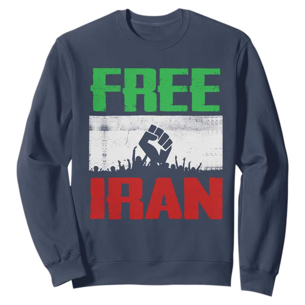 Free Iran Freedom Protest Sweatshirt Iranian Flag Raised Fist and Crowd Revolution TS02 Navy Print Your Wear