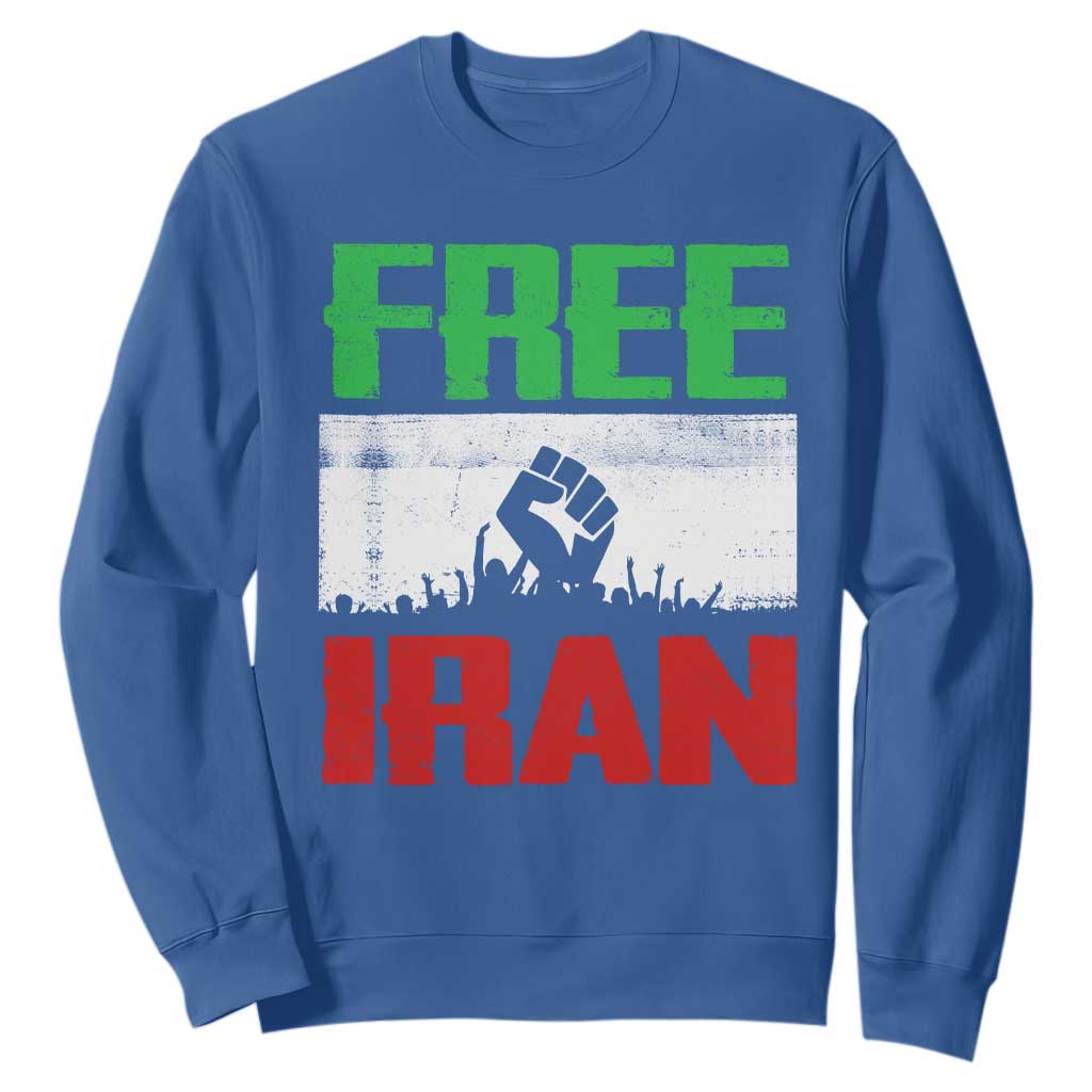 Free Iran Freedom Protest Sweatshirt Iranian Flag Raised Fist and Crowd Revolution TS02 Royal Blue Print Your Wear