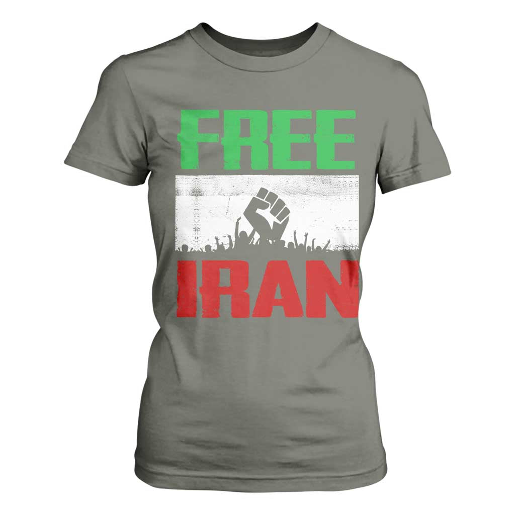 Free Iran Freedom Protest T Shirt For Women Iranian Flag Raised Fist and Crowd Revolution TS02 Military Green Print Your Wear