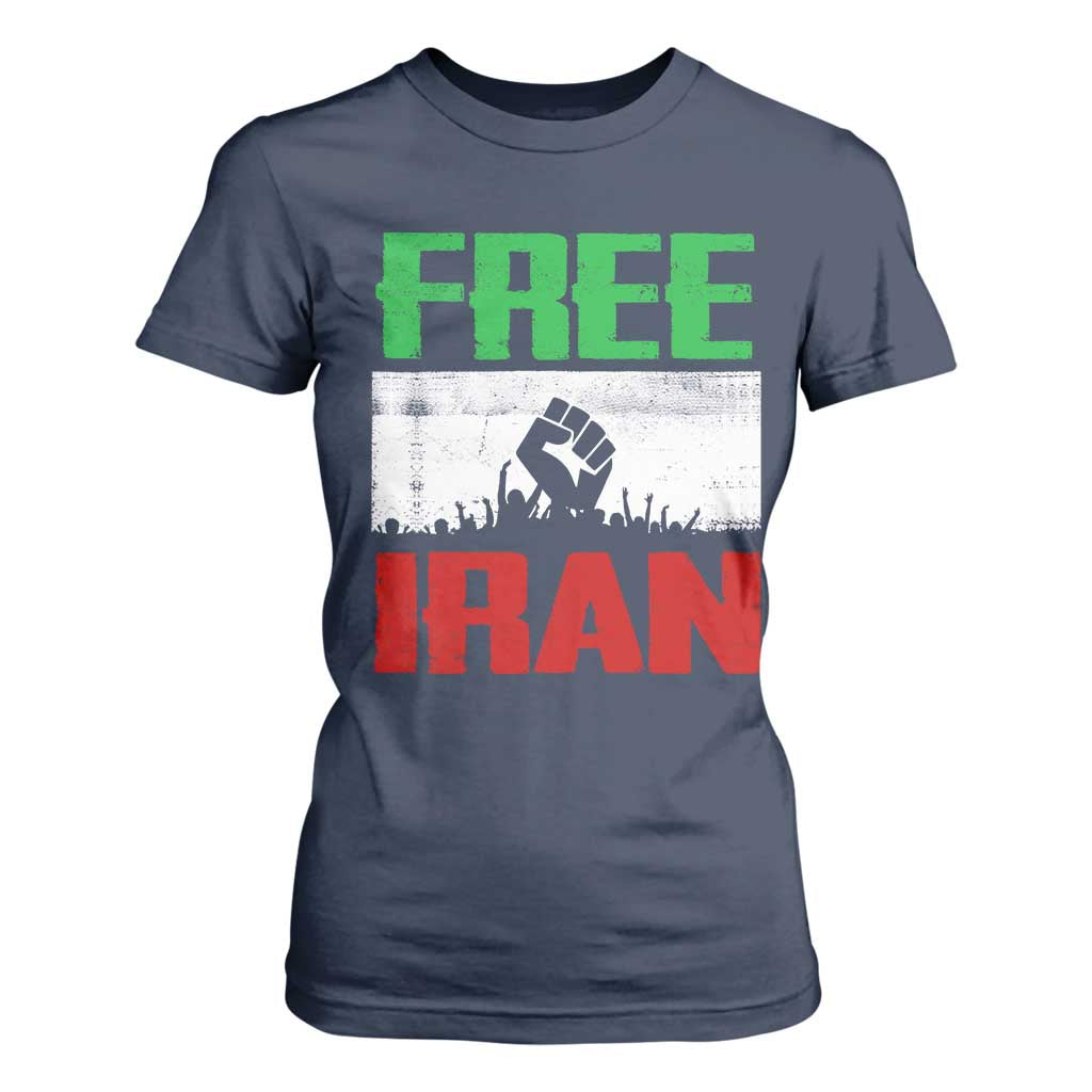Free Iran Freedom Protest T Shirt For Women Iranian Flag Raised Fist and Crowd Revolution TS02 Navy Print Your Wear