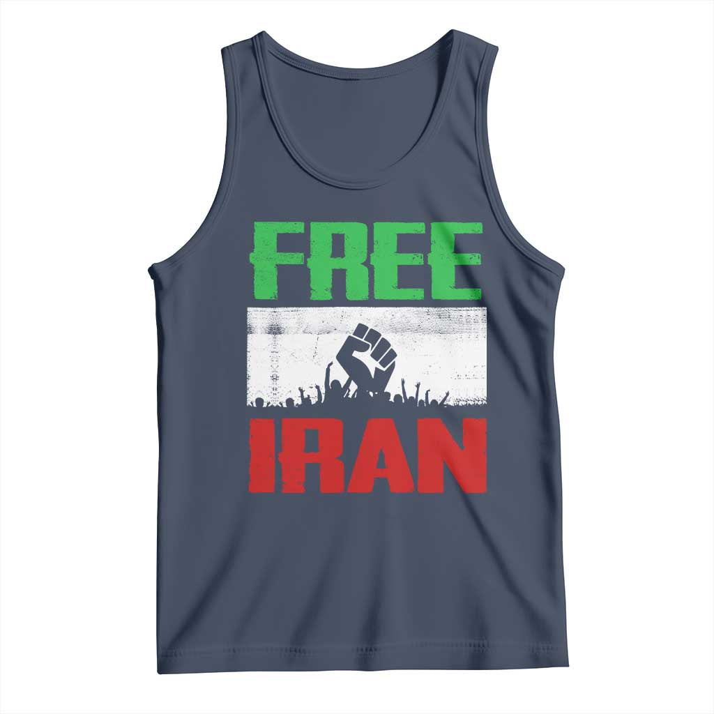 Free Iran Freedom Protest Tank Top Iranian Flag Raised Fist and Crowd Revolution TS02 Navy Print Your Wear