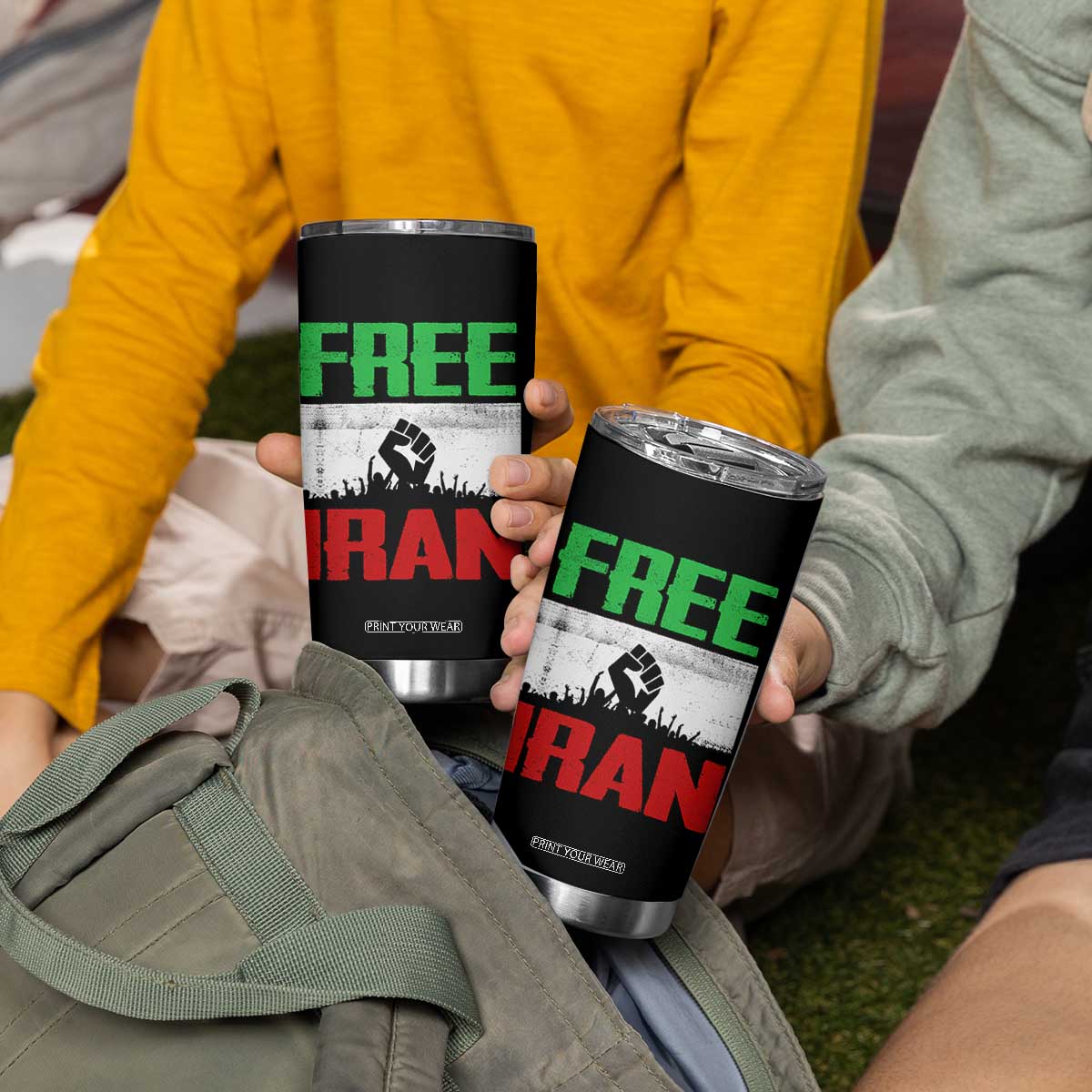 Free Iran Freedom Protest Tumbler Cup Iranian Flag Raised Fist and Crowd Revolution TS02 Print Your Wear