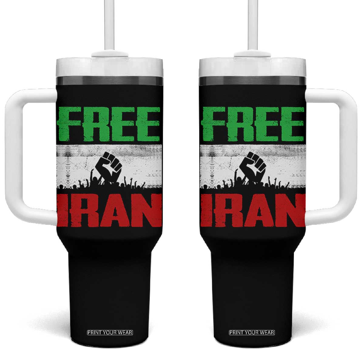 Free Iran Freedom Protest Tumbler With Handle Iranian Flag Raised Fist and Crowd Revolution TS02 One Size: 40 oz Black Print Your Wear