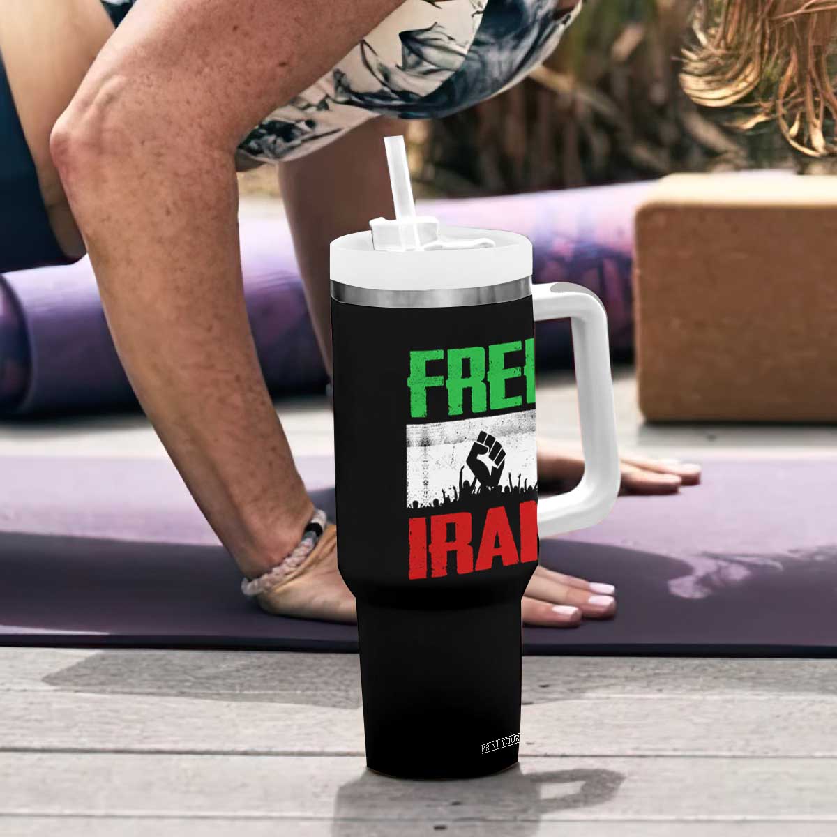 Free Iran Freedom Protest Tumbler With Handle Iranian Flag Raised Fist and Crowd Revolution TS02 Print Your Wear