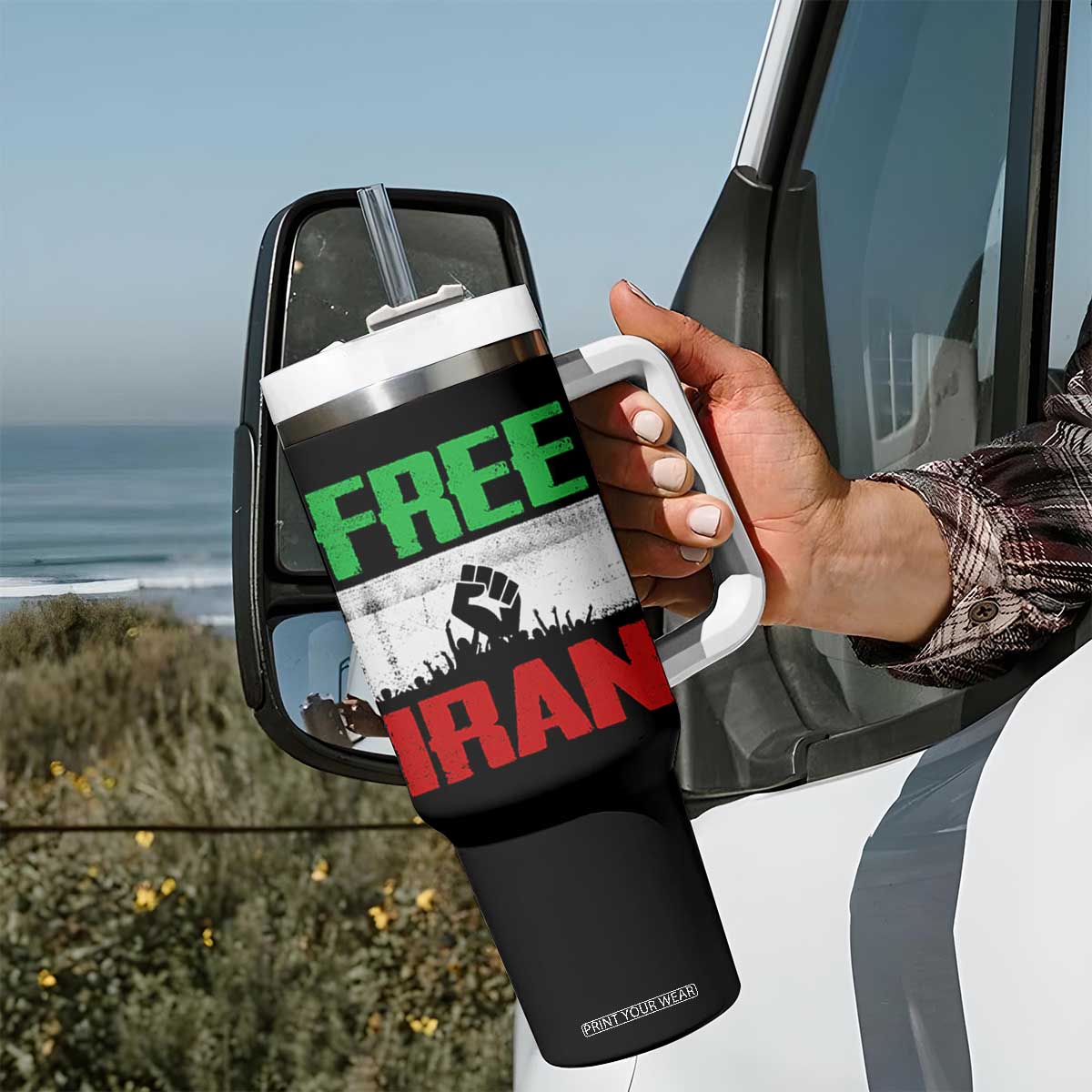 Free Iran Freedom Protest Tumbler With Handle Iranian Flag Raised Fist and Crowd Revolution TS02 Print Your Wear
