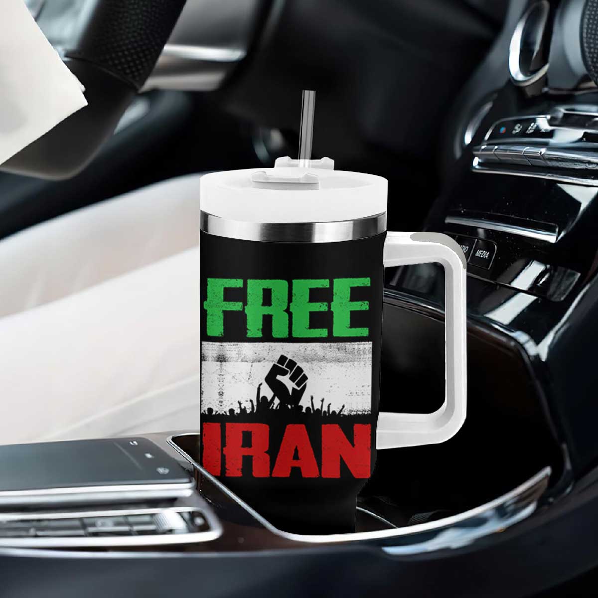 Free Iran Freedom Protest Tumbler With Handle Iranian Flag Raised Fist and Crowd Revolution TS02 Print Your Wear