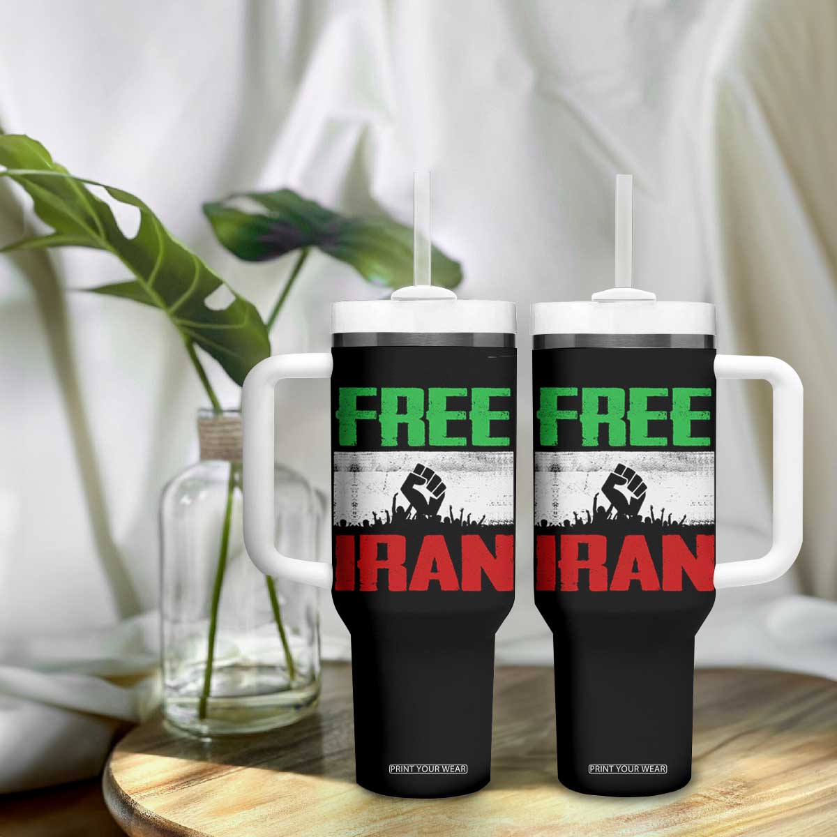 Free Iran Freedom Protest Tumbler With Handle Iranian Flag Raised Fist and Crowd Revolution TS02 Print Your Wear