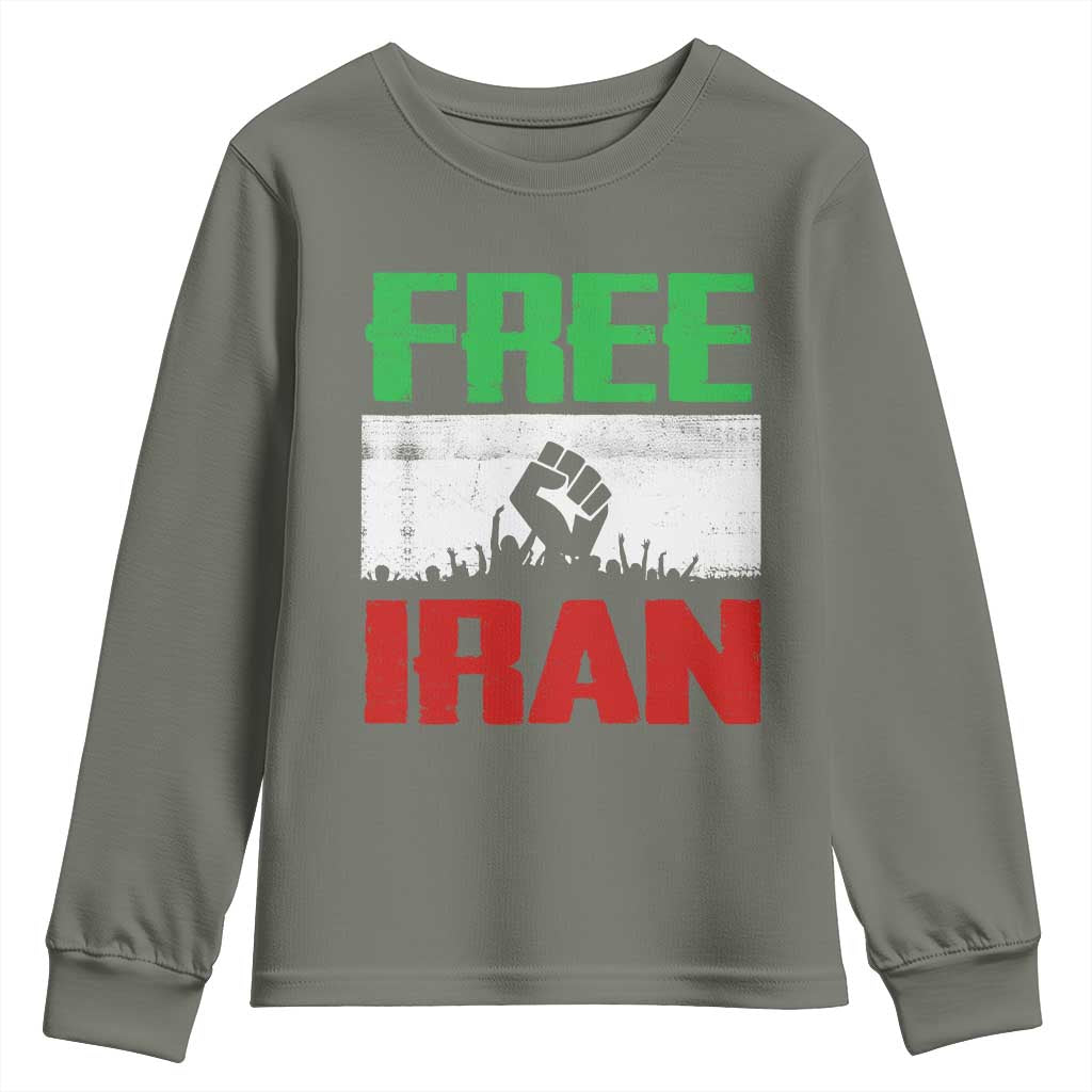 Free Iran Freedom Protest Youth Sweatshirt Iranian Flag Raised Fist and Crowd Revolution TS02 Military Green Print Your Wear