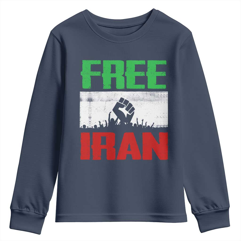 Free Iran Freedom Protest Youth Sweatshirt Iranian Flag Raised Fist and Crowd Revolution TS02 Navy Print Your Wear