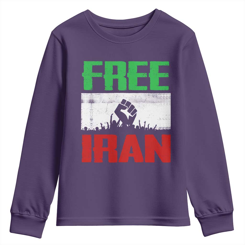 Free Iran Freedom Protest Youth Sweatshirt Iranian Flag Raised Fist and Crowd Revolution TS02 Purple Print Your Wear