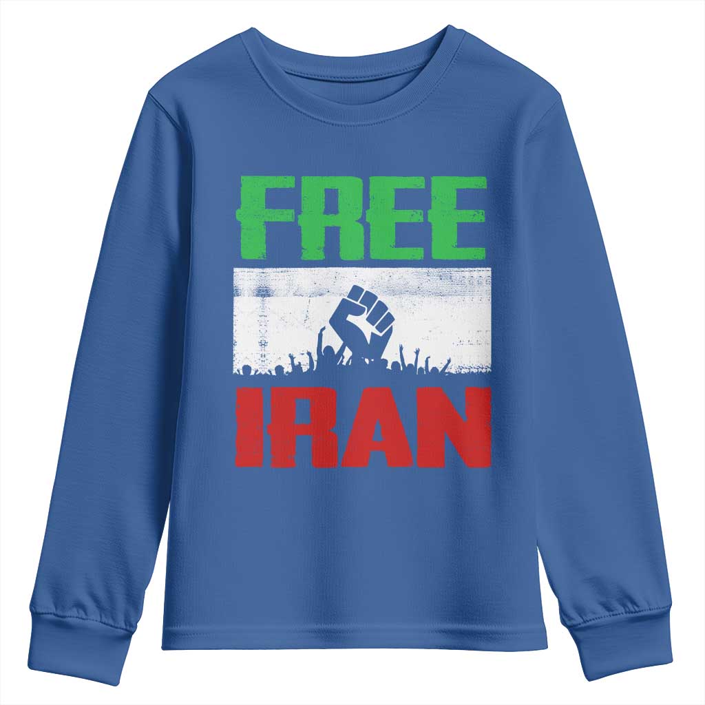 Free Iran Freedom Protest Youth Sweatshirt Iranian Flag Raised Fist and Crowd Revolution TS02 Royal Blue Print Your Wear