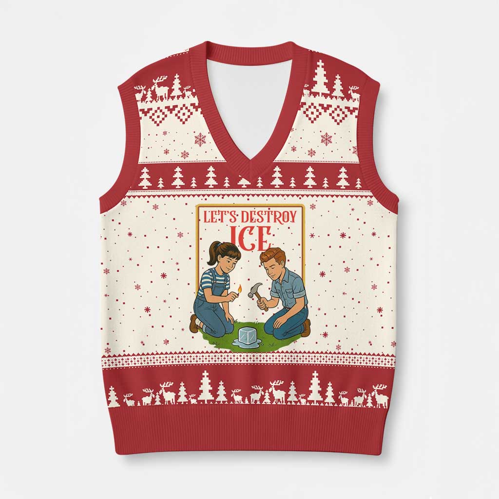 Let’s Destroy ICE V-Neck Knit Sweater Vest Retro Parody Protest with Satirical Childhood Graphic TS02 Beige Red Print Your Wear