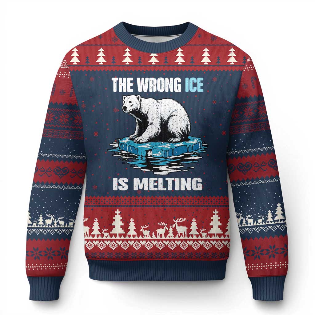 The Wrong Ice is Melting Polar Bear Ugly Christmas Sweater Against Ice Environmental Activist Protest TS02 Navy Red Print Your Wear