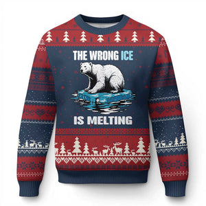 The Wrong Ice is Melting Polar Bear Ugly Christmas Sweater Against Ice Environmental Activist Protest TS02 Navy Red Print Your Wear
