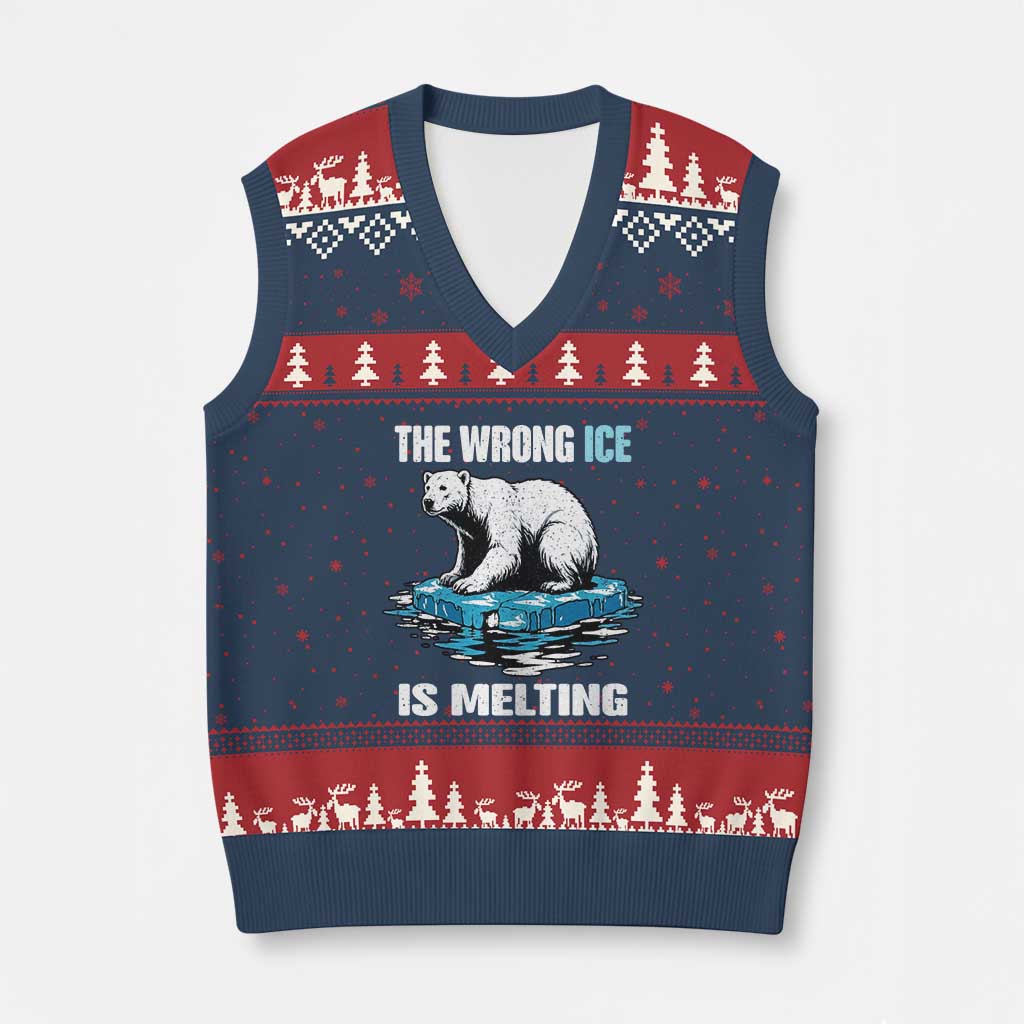 The Wrong Ice is Melting Polar Bear V-Neck Knit Sweater Vest Against Ice Environmental Activist Protest TS02 Navy Red Print Your Wear