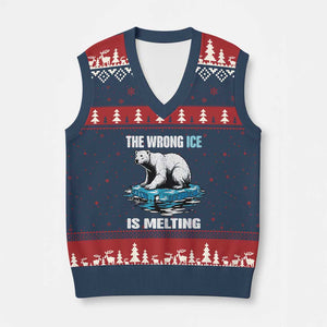 The Wrong Ice is Melting Polar Bear V-Neck Knit Sweater Vest Against Ice Environmental Activist Protest TS02 Navy Red Print Your Wear