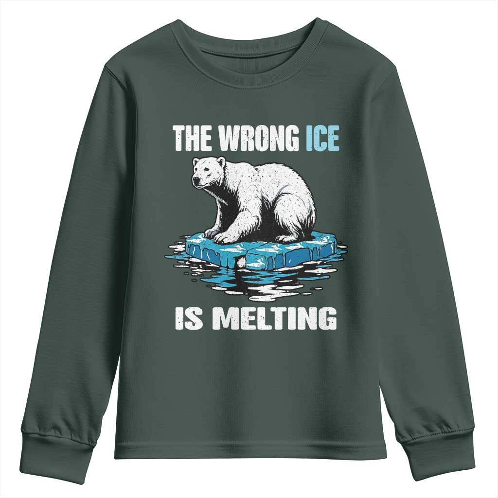 The Wrong Ice is Melting Polar Bear Youth Sweatshirt Against Ice Environmental Activist Protest TS02 Dark Forest Green Print Your Wear