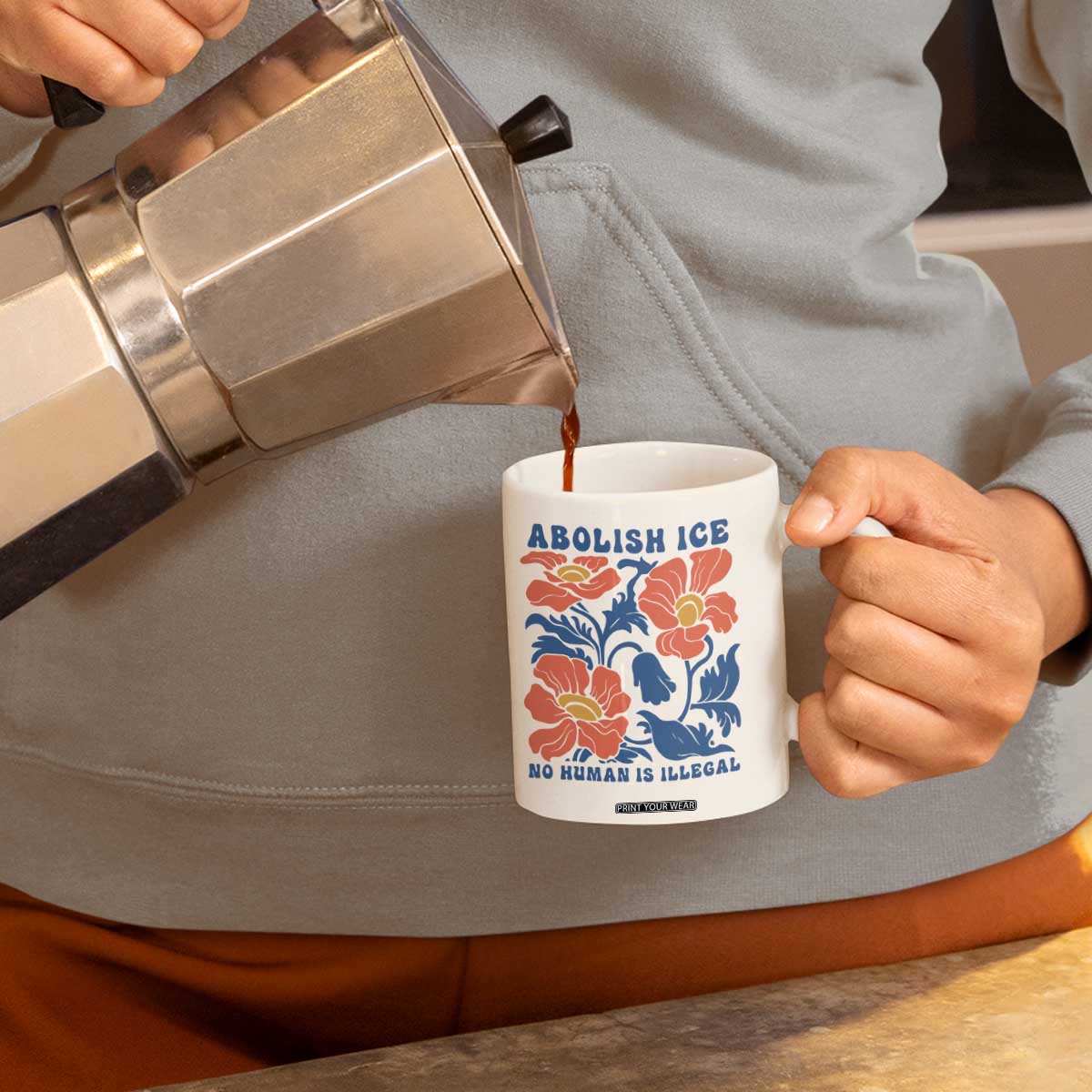 Retro Floral Protest Abolish Ice Coffee Mug No Human is Illegal Peaceful Pro-Immigrant TS02 Print Your Wear