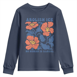 Retro Floral Protest Abolish Ice Youth Sweatshirt No Human is Illegal Peaceful Pro-Immigrant TS02 Navy Print Your Wear