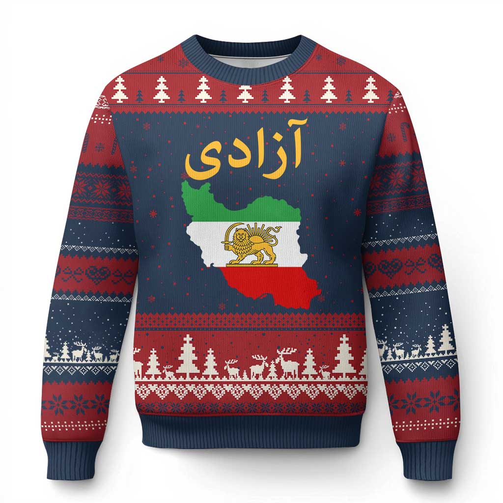 Freedom Iran Sun and Lion Flag Ugly Christmas Sweater Free Iranian Revolution 2026 TS02 Navy Red Print Your Wear