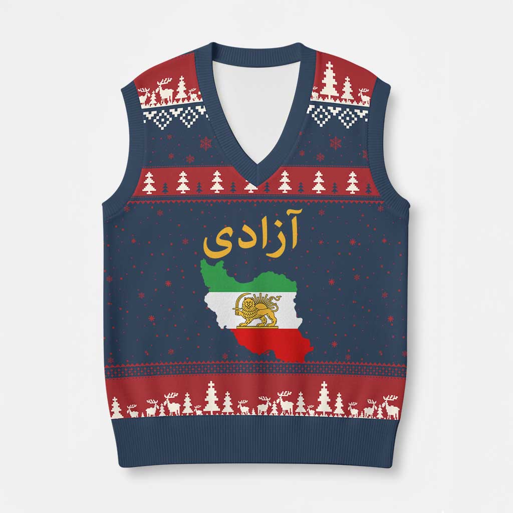 Freedom Iran Sun and Lion Flag V-Neck Knit Sweater Vest Free Iranian Revolution 2026 TS02 Navy Red Print Your Wear