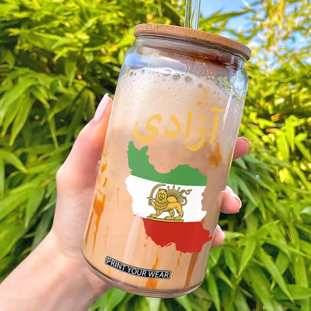 Freedom Iran Sun and Lion Flag Glass Can Free Iranian Revolution 2026 TS02 Black Print Your Wear