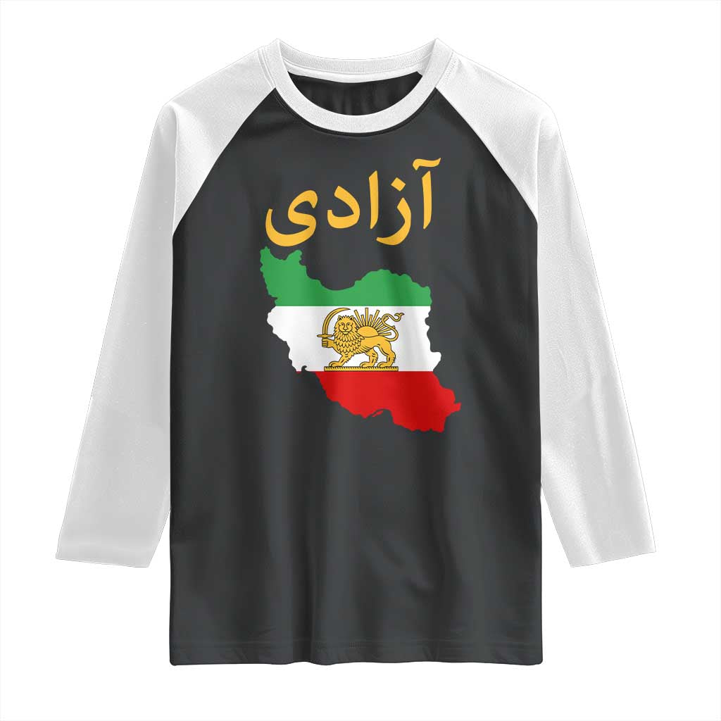 Freedom Iran Sun and Lion Flag Raglan Shirt Free Iranian Revolution 2026 TS02 Black White Print Your Wear