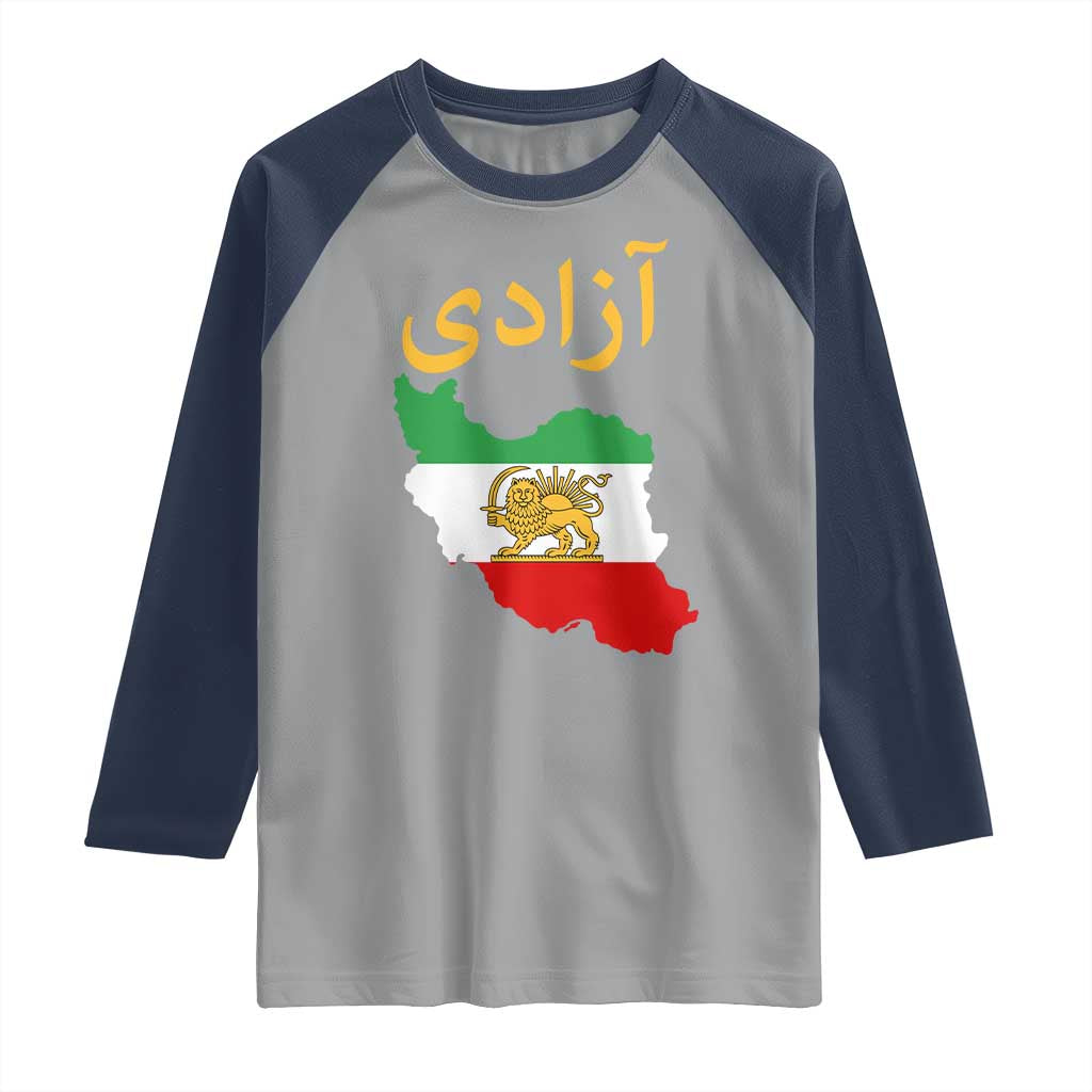 Freedom Iran Sun and Lion Flag Raglan Shirt Free Iranian Revolution 2026 TS02 Sport Gray Navy Print Your Wear