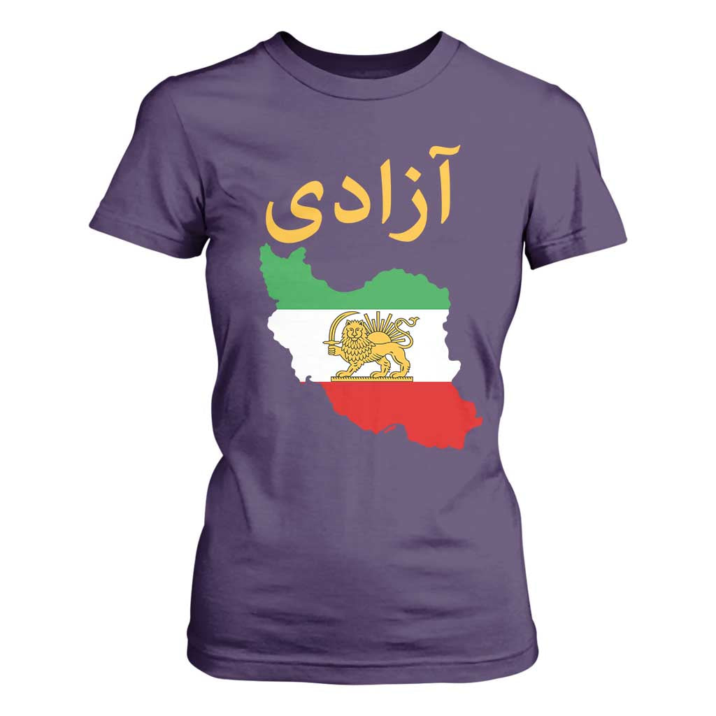 Freedom Iran Sun and Lion Flag T Shirt For Women Free Iranian Revolution 2026 TS02 Purple Print Your Wear
