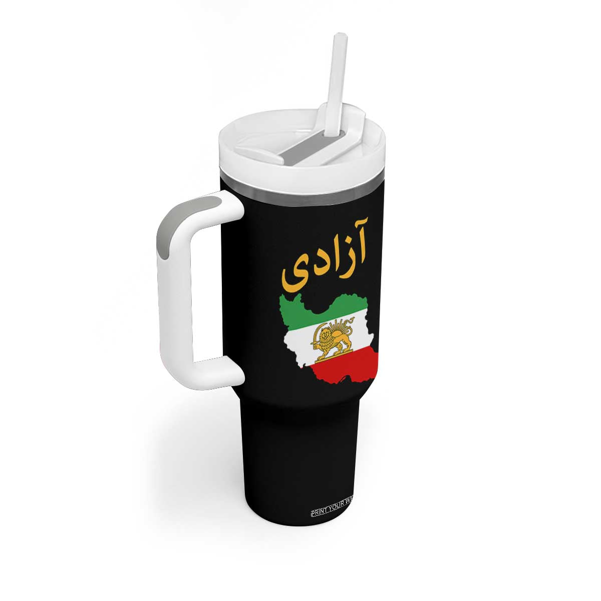 Freedom Iran Sun and Lion Flag Tumbler With Handle Free Iranian Revolution 2026 TS02 Print Your Wear