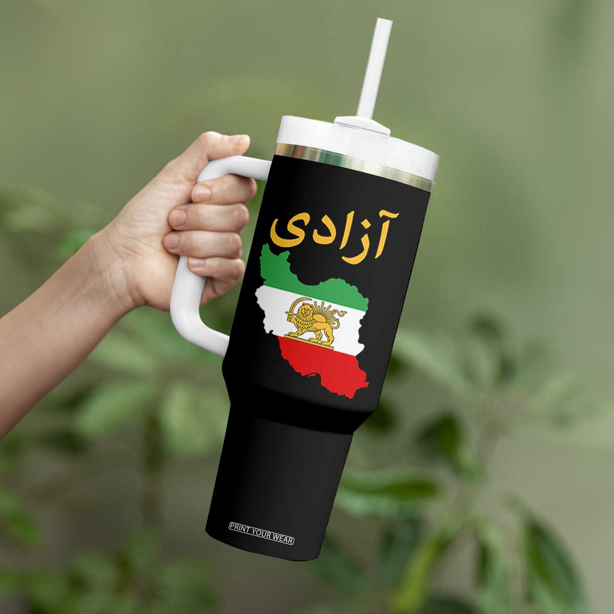 Freedom Iran Sun and Lion Flag Tumbler With Handle Free Iranian Revolution 2026 TS02 Print Your Wear