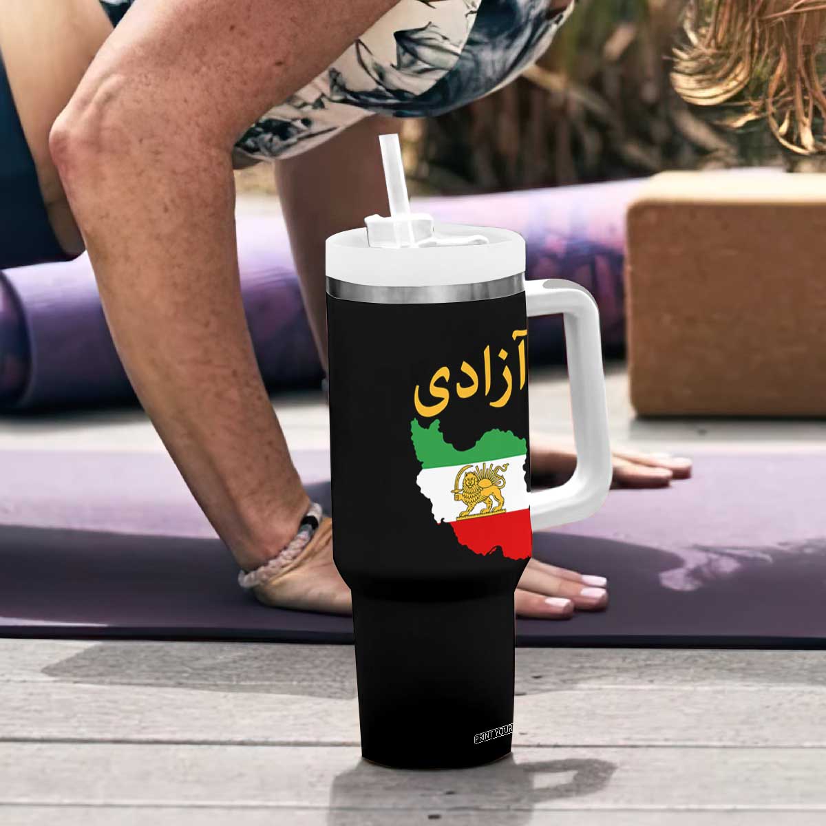 Freedom Iran Sun and Lion Flag Tumbler With Handle Free Iranian Revolution 2026 TS02 Print Your Wear
