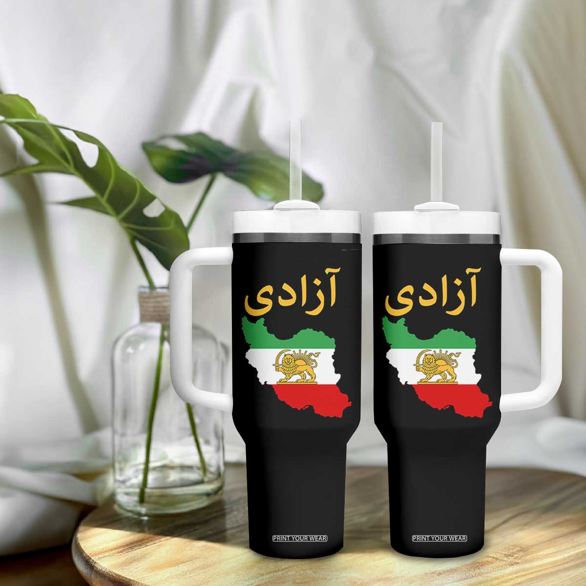 Freedom Iran Sun and Lion Flag Tumbler With Handle Free Iranian Revolution 2026 TS02 Print Your Wear