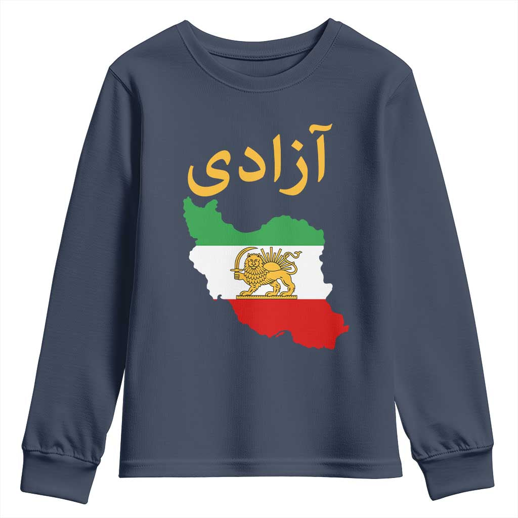 Freedom Iran Sun and Lion Flag Youth Sweatshirt Free Iranian Revolution 2026 TS02 Navy Print Your Wear