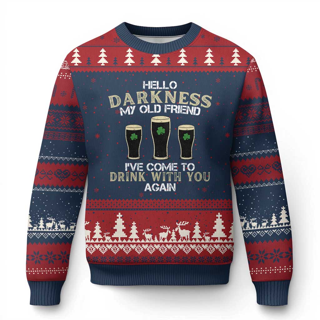 Hello Darkness My Old Friend Funny Irish Stout Beer Ugly Christmas Sweater St. Patrick’s Day Drinking Humor Craft Brew Lovers TS02 Navy Red Print Your Wear